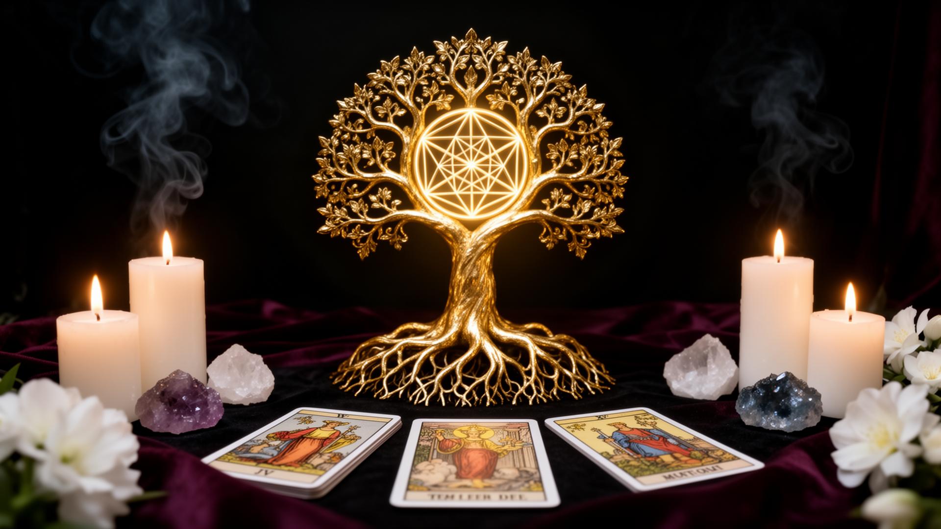 Árbol de la Vida dorado rodeado de velas, humo, cartas de tarot y cristales